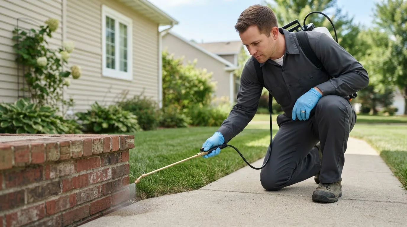 Pest control technician treating a home near Sterling, AK